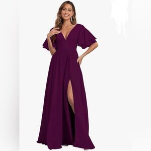 Purple  Chiffon Bridesmaid Dresses A-line Slit Formal Party Dress with Pockets